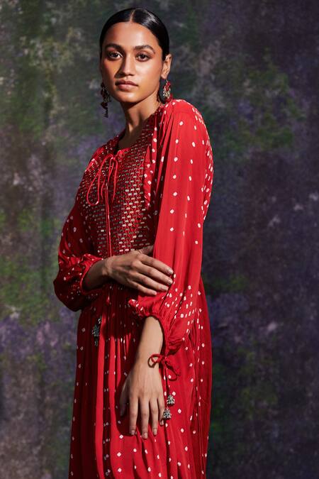 Shop_5elements_Red Modal Satin Printed Bandhani Round And Hand Stitched Anarkali & Pant Set _Online_at_Aza_Fashions