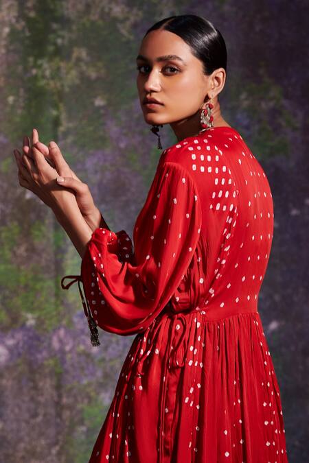 5elements_Red Modal Satin Printed Bandhani Round And Hand Stitched Anarkali & Pant Set _at_Aza_Fashions