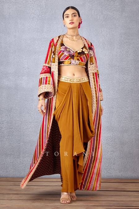 Buy_Torani_Yellow Velvet And Crepe Digital Aftaabi Adilah Cape & Dhoti Pant Set _Online_at_Aza_Fashions