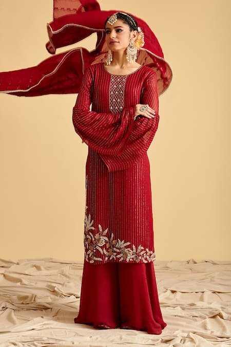 Shop LAHARIO Maroon Kurta And Dupatta , Sharara Shimmer Pearl Set at Aza Fashions Shop_LAHARIO_Maroon Kurta And Dupatta , Sharara Shimmer Pearl Set _at_Aza_Fashions
