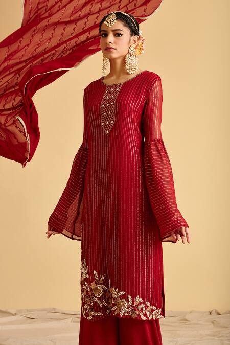 Shop LAHARIO Maroon Kurta And Dupatta , Sharara Shimmer Pearl Set Online at Aza Fashions Shop_LAHARIO_Maroon Kurta And Dupatta , Sharara Shimmer Pearl Set _Online_at_Aza_Fashions