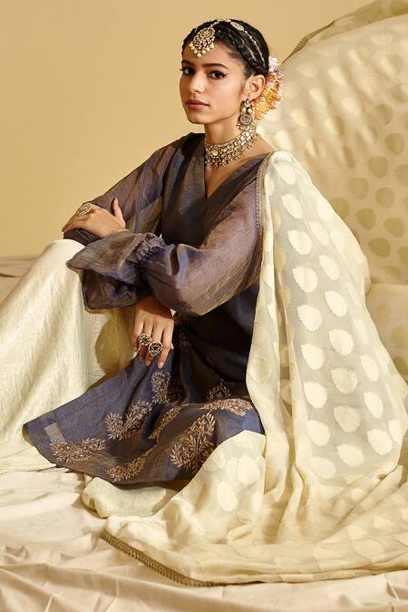 Shop LAHARIO Beige Dupatta Chiffon Self, Kurta Chanderi Silk Tissue, Sharara Satin Set Online at Aza Fashions Shop_LAHARIO_Beige Dupatta Chiffon Self, Kurta Chanderi Silk Tissue, Sharara Satin Set _Online_at_Aza_Fashions