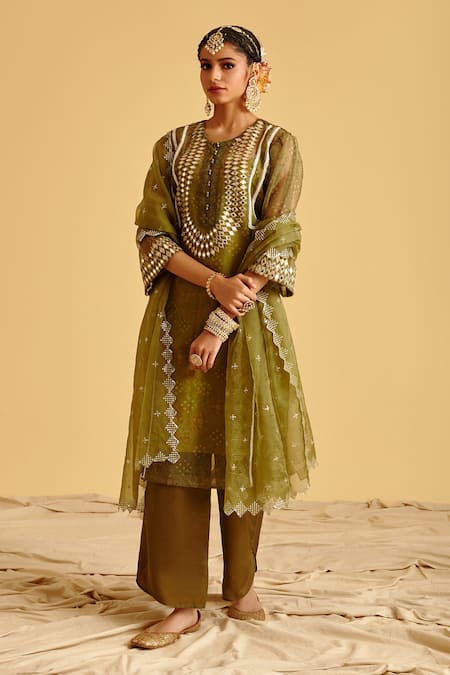 LAHARIO_Green Kurta Bandhani Print , Pant And Dupatta Bandhej Set_Online_at_Aza_Fashions