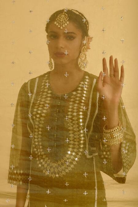 LAHARIO_Green Kurta Bandhani Print , Pant And Dupatta Bandhej Set_at_Aza_Fashions