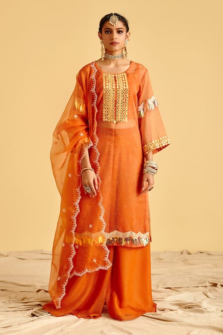 Shop LAHARIO Orange Dupatta Organza, Kurta Bandhani Print Organza, Sharara Bandhej Set at Aza Fashions Shop_LAHARIO_Orange Dupatta Organza, Kurta Bandhani Print Organza, Sharara Bandhej Set _at_Aza_Fashions