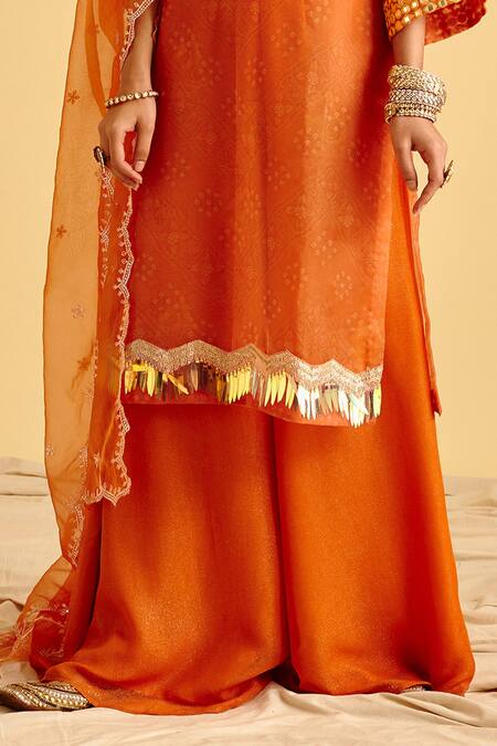 Buy LAHARIO Orange Dupatta Organza, Kurta Bandhani Print Organza, Sharara Bandhej Set Online at Aza Fashions Buy_LAHARIO_Orange Dupatta Organza, Kurta Bandhani Print Organza, Sharara Bandhej Set _Online_at_Aza_Fashions