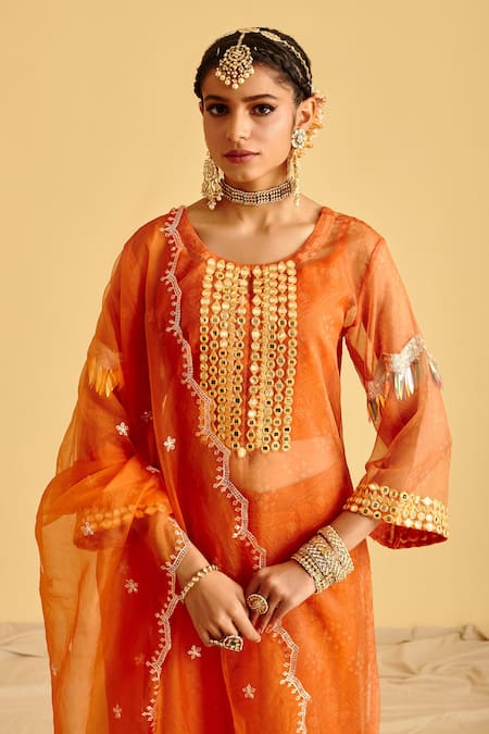 Shop LAHARIO Orange Dupatta Organza, Kurta Bandhani Print Organza, Sharara Bandhej Set Online at Aza Fashions Shop_LAHARIO_Orange Dupatta Organza, Kurta Bandhani Print Organza, Sharara Bandhej Set _Online_at_Aza_Fashions