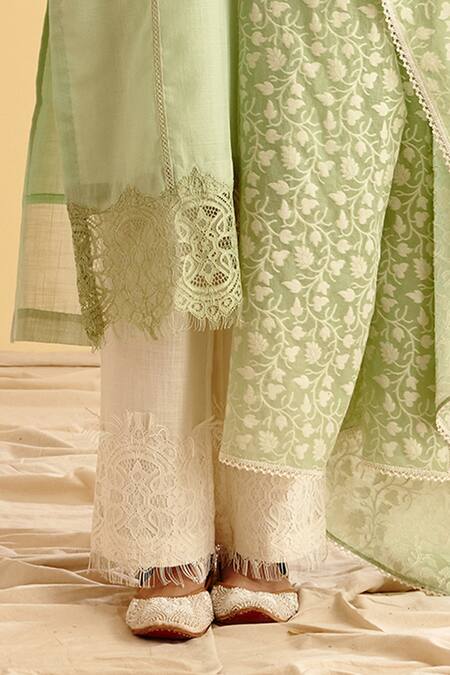 Shop LAHARIO Green Dupatta Chanderi Self, Kurta Linen Foil, Salwar Pant Cotton Work Set Online at Aza Fashions Shop_LAHARIO_Green Dupatta Chanderi Self, Kurta Linen Foil, Salwar Pant Cotton Work Set _Online_at_Aza_Fashions