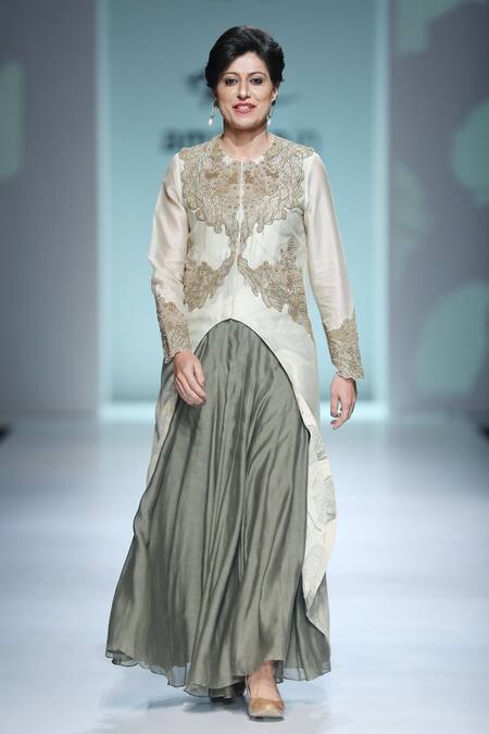 Ekru_Beige Asymmetric Kurta And Flared Pants_Online_at_Aza_Fashions