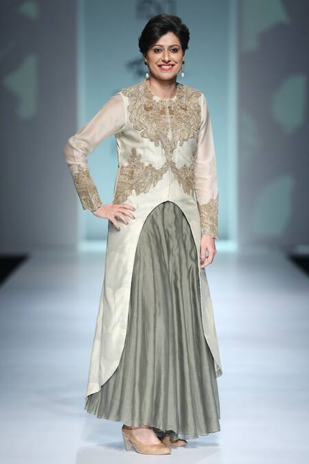 Buy_Ekru_Beige Asymmetric Kurta And Flared Pants_Online_at_Aza_Fashions