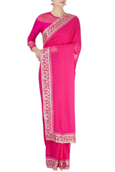 Buy Pink Embroidered Gota Work Round Neck Patti Border Saree For Women by  Surendri Online at Aza Fashions.