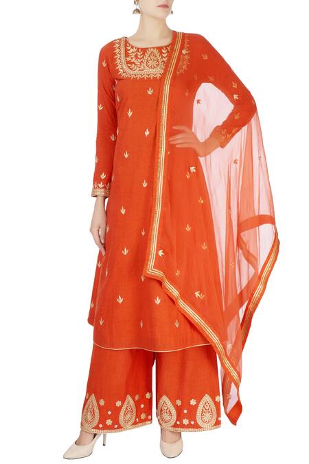 Surendri Orange Burnt Kurta And Flared Pants 