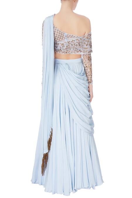 Shop Nitika Kanodia Gupta Blue Organza Zardozi And Salli Bead Work Hand-embroidered Blouse With Lehenga Set at Aza Fashions Shop_Nitika Kanodia Gupta_Blue Organza Zardozi And Salli Bead Work Hand-embroidered Blouse With Lehenga Set_at_Aza_Fashions