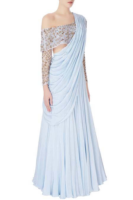 Nitika Kanodia Gupta Blue Organza Zardozi And Salli Bead Work Hand-embroidered Blouse With Lehenga Set Online at Aza Fashions Nitika Kanodia Gupta_Blue Organza Zardozi And Salli Bead Work Hand-embroidered Blouse With Lehenga Set_Online_at_Aza_Fashions