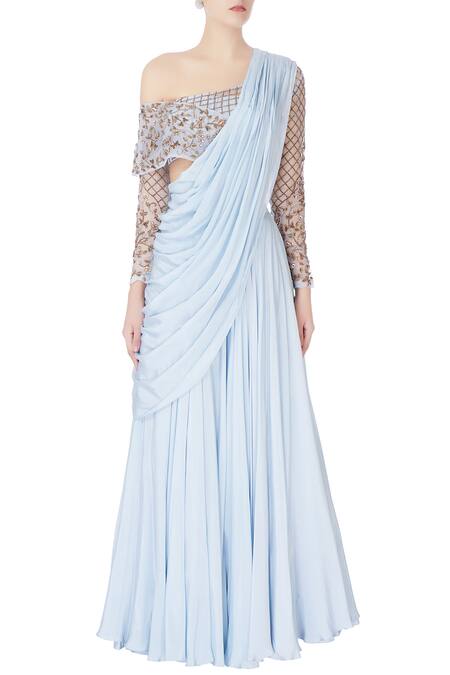 Shop Nitika Kanodia Gupta Blue Organza Zardozi And Salli Bead Work Hand-embroidered Blouse With Lehenga Set Online at Aza Fashions Shop_Nitika Kanodia Gupta_Blue Organza Zardozi And Salli Bead Work Hand-embroidered Blouse With Lehenga Set_Online_at_Aza_Fashions