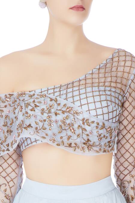 Nitika Kanodia Gupta Blue Organza Zardozi And Salli Bead Work Hand-embroidered Blouse With Lehenga Set at Aza Fashions Nitika Kanodia Gupta_Blue Organza Zardozi And Salli Bead Work Hand-embroidered Blouse With Lehenga Set_at_Aza_Fashions