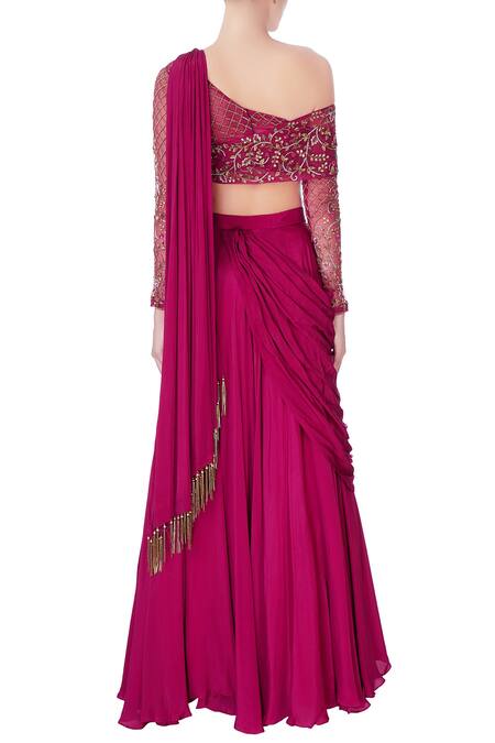 Shop Nitika Kanodia Gupta Wine Crepe Silk Zardozi And Salli Hand-embroidered Organza Blouse With Lehenga Set at Aza Fashions Shop_Nitika Kanodia Gupta_Wine Crepe Silk Zardozi And Salli Hand-embroidered Organza Blouse With Lehenga Set_at_Aza_Fashions