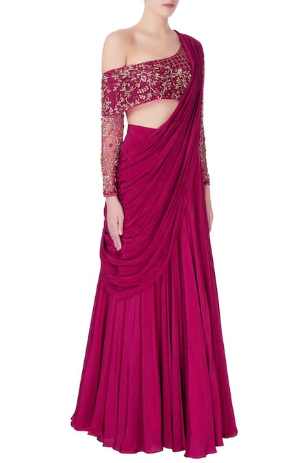 Nitika Kanodia Gupta Wine Crepe Silk Zardozi And Salli Hand-embroidered Organza Blouse With Lehenga Set Online at Aza Fashions Nitika Kanodia Gupta_Wine Crepe Silk Zardozi And Salli Hand-embroidered Organza Blouse With Lehenga Set_Online_at_Aza_Fashions