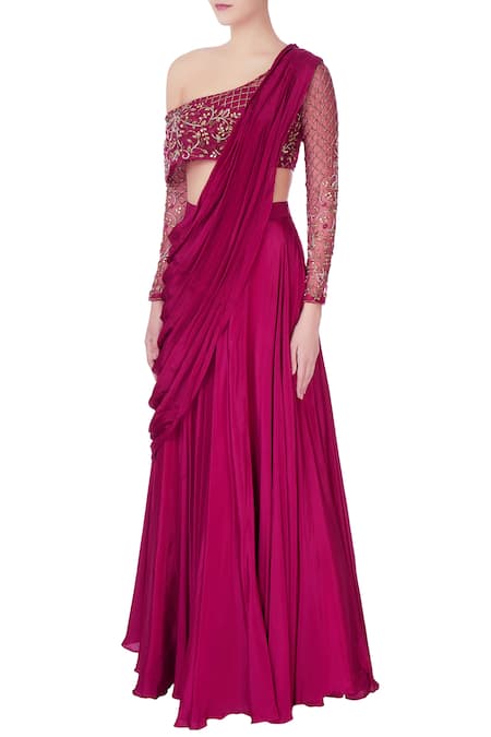 Buy Nitika Kanodia Gupta Wine Crepe Silk Zardozi And Salli Hand-embroidered Organza Blouse With Lehenga Set Online at Aza Fashions Buy_Nitika Kanodia Gupta_Wine Crepe Silk Zardozi And Salli Hand-embroidered Organza Blouse With Lehenga Set_Online_at_Aza_Fashions