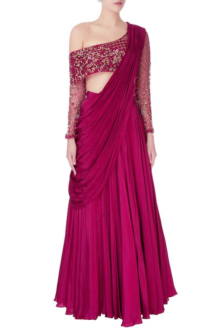 Shop Nitika Kanodia Gupta Wine Crepe Silk Zardozi And Salli Hand-embroidered Organza Blouse With Lehenga Set Online at Aza Fashions Shop_Nitika Kanodia Gupta_Wine Crepe Silk Zardozi And Salli Hand-embroidered Organza Blouse With Lehenga Set_Online_at_Aza_Fashions