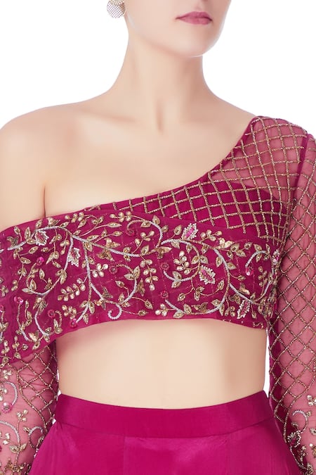 Nitika Kanodia Gupta Wine Crepe Silk Zardozi And Salli Hand-embroidered Organza Blouse With Lehenga Set at Aza Fashions Nitika Kanodia Gupta_Wine Crepe Silk Zardozi And Salli Hand-embroidered Organza Blouse With Lehenga Set_at_Aza_Fashions