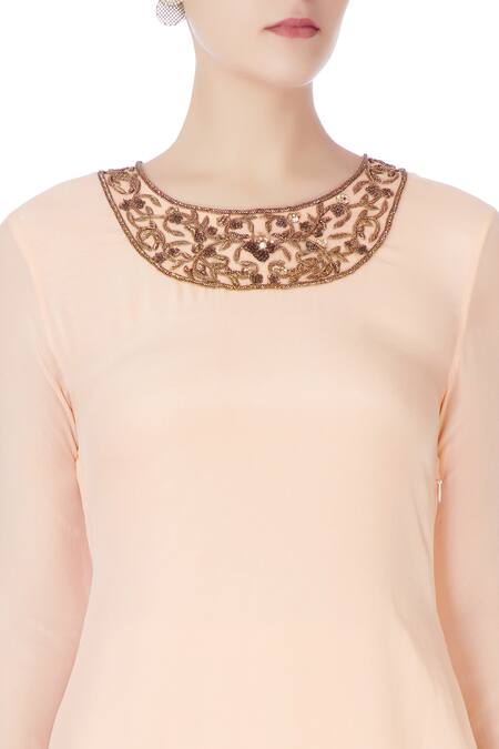 Nitika Kanodia Gupta_Peach Net, Crepe Silk Bugle Beads, Floral Embroidered Attached Lehenga Set_at_Aza_Fashions