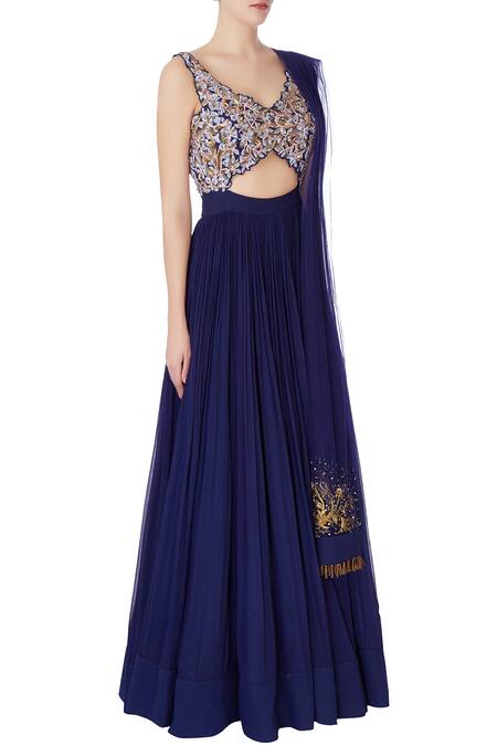 Nitika Kanodia Gupta Blue Hand Embroidered Resham And Bugle Bead Anarkali Gown Online at Aza Fashions Nitika Kanodia Gupta_Blue Hand Embroidered Resham And Bugle Bead Anarkali Gown_Online_at_Aza_Fashions