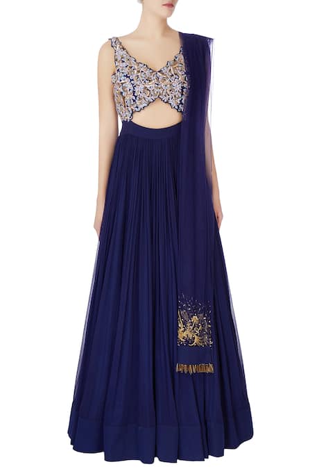 Shop Nitika Kanodia Gupta Blue Hand Embroidered Resham And Bugle Bead Anarkali Gown Online at Aza Fashions Shop_Nitika Kanodia Gupta_Blue Hand Embroidered Resham And Bugle Bead Anarkali Gown_Online_at_Aza_Fashions