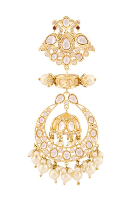 Shop_Moh-Maya By Disha Khatri_Gold Plated Fabric Flowers, Diamonds, Pearls Kundan Embellished Dangler Earrings _Online_at_Aza_Fashions