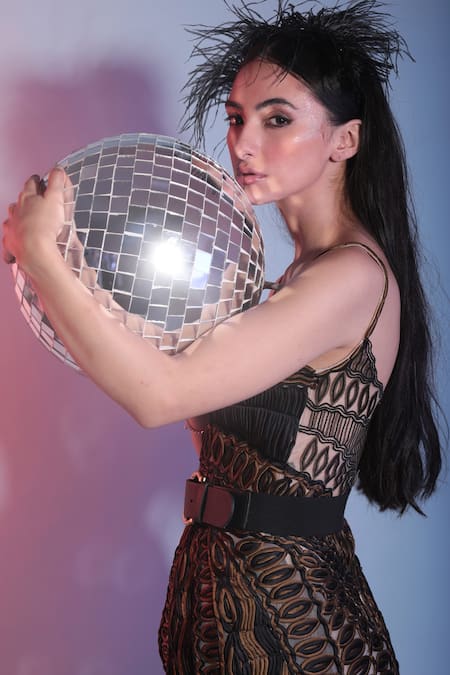 Buy_Geisha Designs_Black Nylon Embroidered Geometric Scoop Neck Brittany Dress  _Online_at_Aza_Fashions