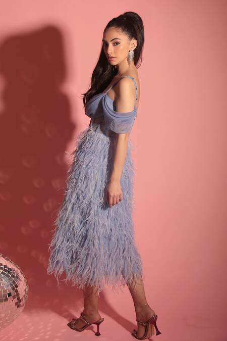 Geisha Designs_Blue Nylon Embroidered Floral V Neck Chrishell Feather Dress  _Online_at_Aza_Fashions