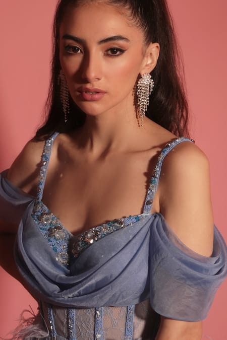 Shop_Geisha Designs_Blue Nylon Embroidered Floral V Neck Chrishell Feather Dress  _Online_at_Aza_Fashions