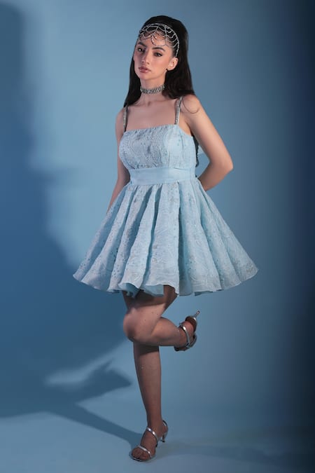 Geisha Designs_Blue Nylon Embroidered Abstract Square Neck Dionne Skater Dress  _Online_at_Aza_Fashions