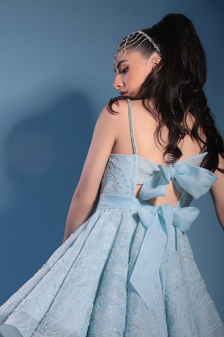 Buy_Geisha Designs_Blue Nylon Embroidered Abstract Square Neck Dionne Skater Dress  _Online_at_Aza_Fashions