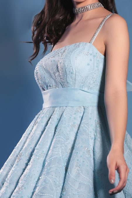 Shop_Geisha Designs_Blue Nylon Embroidered Abstract Square Neck Dionne Skater Dress  _Online_at_Aza_Fashions