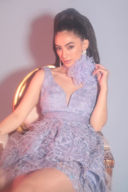 Buy_Geisha Designs_Blue Polyester Embroidered Floral V Neck Cher Dress  _Online_at_Aza_Fashions