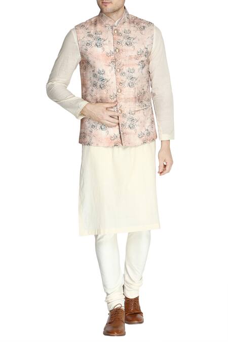 Nautanky Pink Cotton Chanderi Silk Printed Nehru Jacket Set