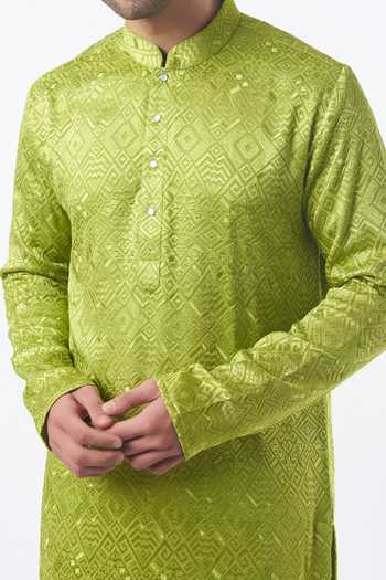 Kasbah_Green Georgette, Cotton Embroidery Geometric Kurta Set _Online_at_Aza_Fashions