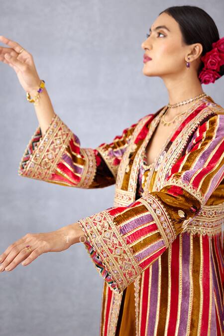 Shop_Torani_Yellow Velvet And Crepe Digital Aftaabi Adilah Cape & Dhoti Pant Set _Online_at_Aza_Fashions