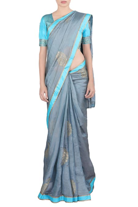 Latha Puttanna Blue Banarasi Silk Embroidered Zari Work V Grey And Saree & Blouse 