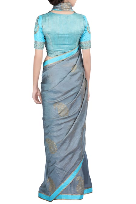 Shop LATHA PUTTANNA Blue Banarasi Silk Zari Work V Neck Grey And Embroidered Saree & Blouse at Aza Fashions Shop_LATHA PUTTANNA_Blue Banarasi Silk Zari Work V Neck Grey And Embroidered Saree & Blouse_at_Aza_Fashions