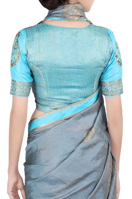 LATHA PUTTANNA Blue Banarasi Silk Zari Work V Neck Grey And Embroidered Saree & Blouse Online at Aza Fashions LATHA PUTTANNA_Blue Banarasi Silk Zari Work V Neck Grey And Embroidered Saree & Blouse_Online_at_Aza_Fashions