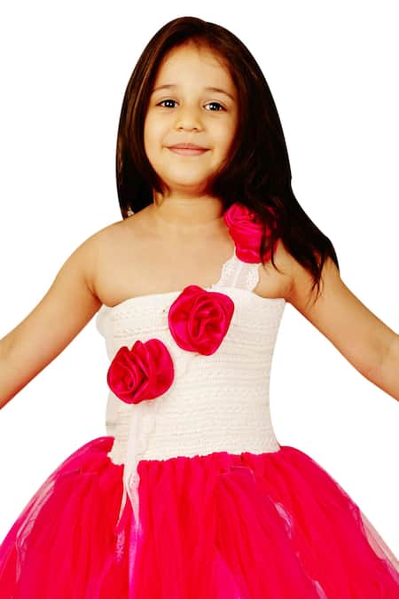 Shop Pinkcow designs pvt ltd White Satin Fabric Flowers Girl Gown at Aza Fashions Shop_Pinkcow designs pvt ltd_White Satin Fabric Flowers Girl Gown _at_Aza_Fashions