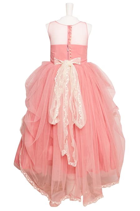 Shop Pinkcow designs pvt ltd Pink Net, Tulle Pearls, Lace Embroidered Draped Gown at Aza Fashions Shop_Pinkcow designs pvt ltd_Pink Net, Tulle Pearls, Lace Embroidered Draped Gown _at_Aza_Fashions