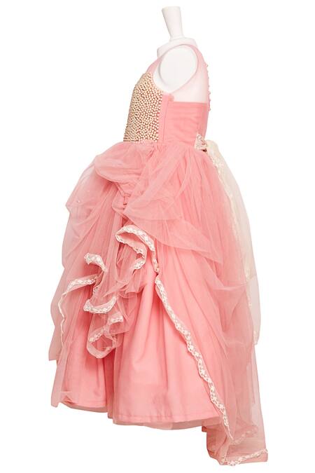 Pinkcow designs pvt ltd Pink Net, Tulle Pearls, Lace Embroidered Draped Gown Online at Aza Fashions Pinkcow designs pvt ltd_Pink Net, Tulle Pearls, Lace Embroidered Draped Gown _Online_at_Aza_Fashions