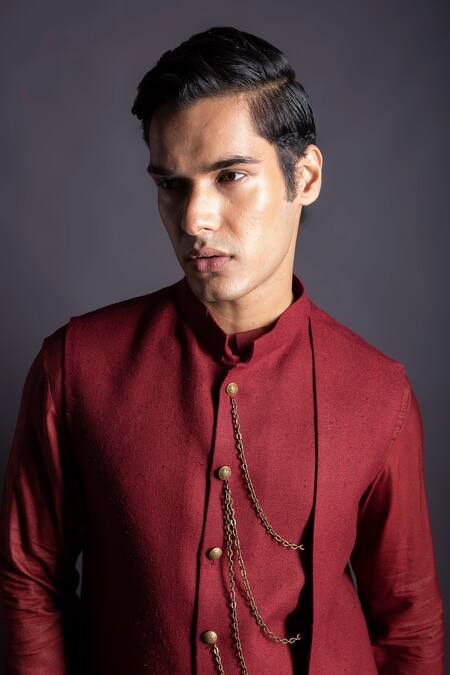 Buy_Gram Of Ink_Red Bundi  Matka Silk Embellishment Chain And Kurta Set_Online_at_Aza_Fashions