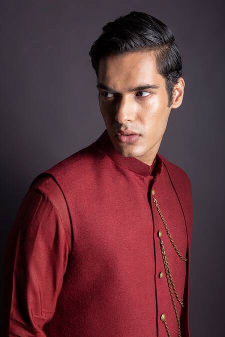 Shop_Gram Of Ink_Red Bundi  Matka Silk Embellishment Chain And Kurta Set_Online_at_Aza_Fashions