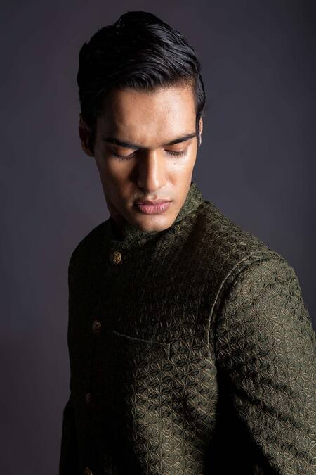 Gram Of Ink_Green Silk, Cotton, Lycra Embroidery Mosaic Achkan Set_Online_at_Aza_Fashions