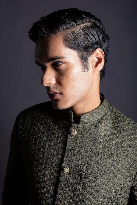 Buy_Gram Of Ink_Green Silk, Cotton, Lycra Embroidery Mosaic Achkan Set_Online_at_Aza_Fashions