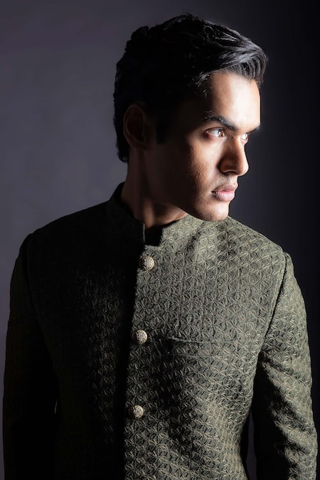 Shop_Gram Of Ink_Green Silk, Cotton, Lycra Embroidery Mosaic Achkan Set_Online_at_Aza_Fashions